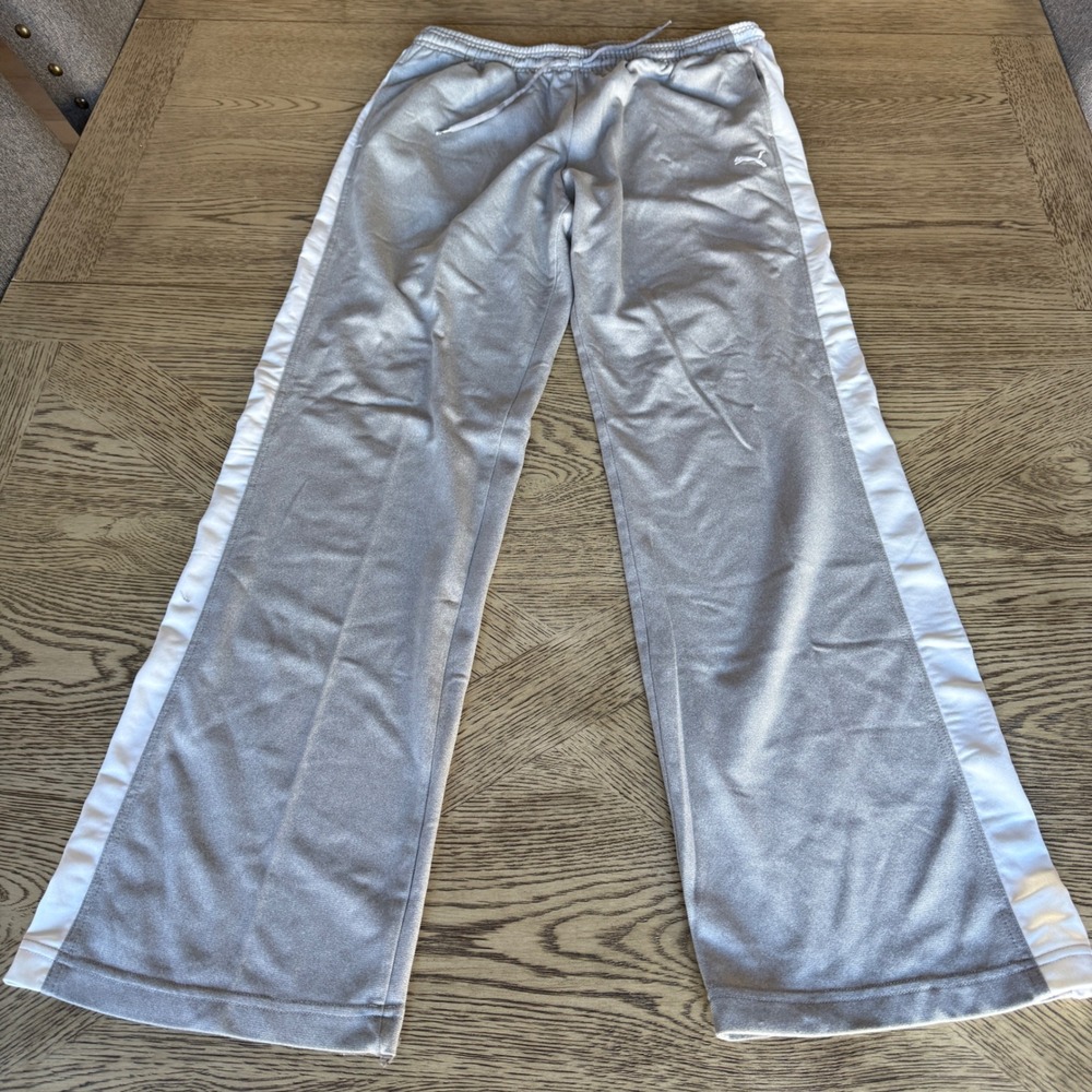 Puma Mens Gray White Stripe Athletic Track Pants wide Leg Training Size Large